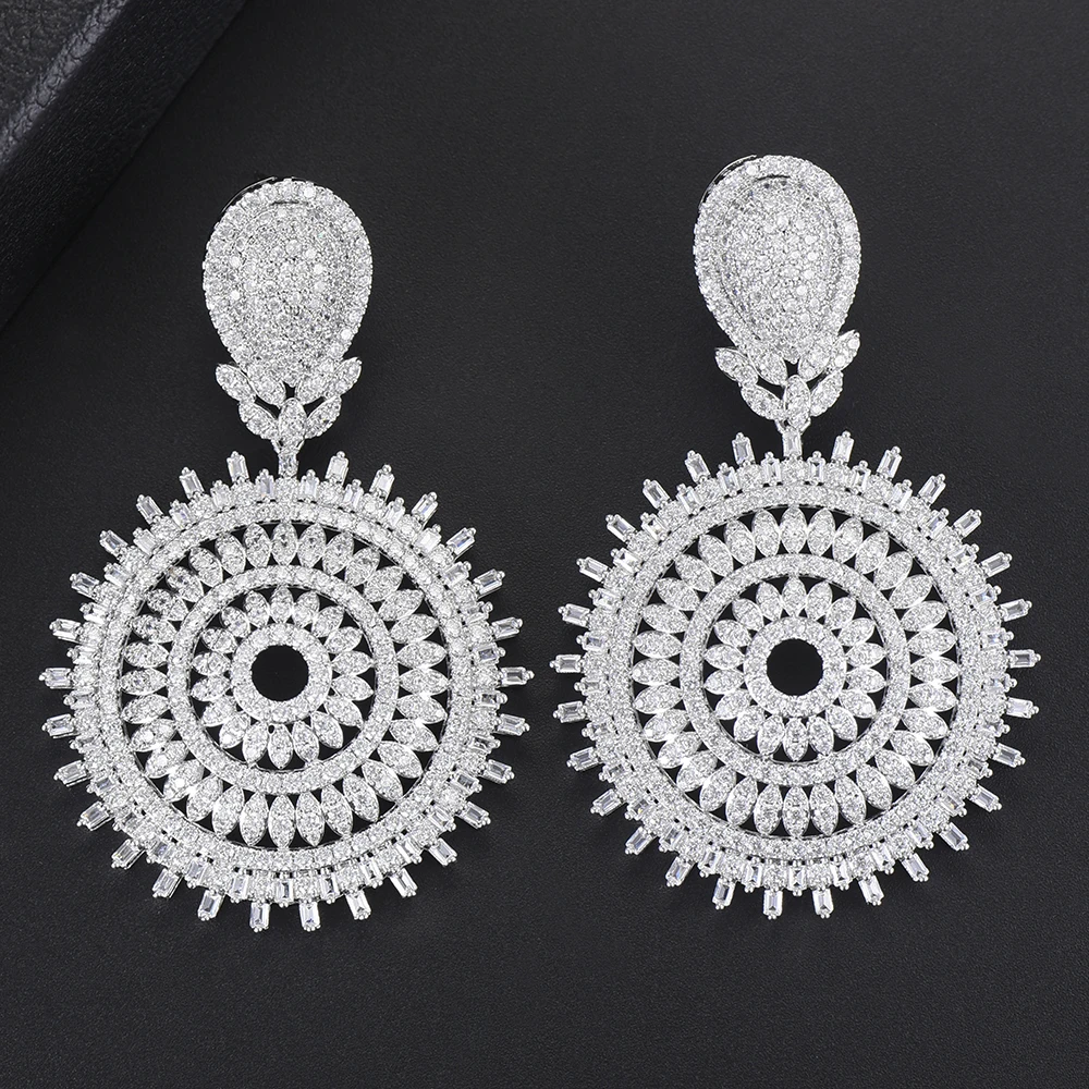 

LARRAURI New Luxury Cubic Zircon Bridal Jewelry Flower Pattern Pendant Dangle Earrings Elegant Statement Drop Earrings For Women