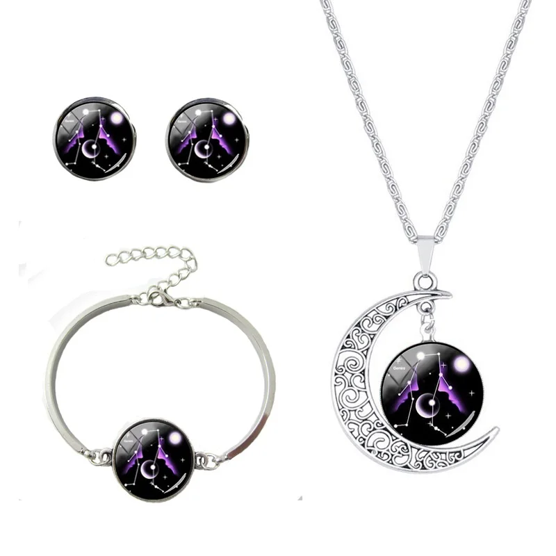 

Women Necklace Earrings Bracelet Jewelry Set Zodiac Colorful Horoscope Bubble Sign Glass Cabochon Necklaces Earrings Sets