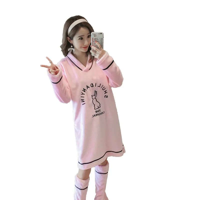 Зимняя новая стильная женская ночная рубашка до колена + носки Бархатная Ночная