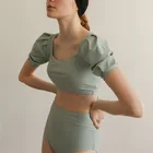 2021 летний комплект бикини, винтажный однотонный купальник пуш-ап с высокой талией, женский купальник, бикини, корейский купальник с пышными рукавами