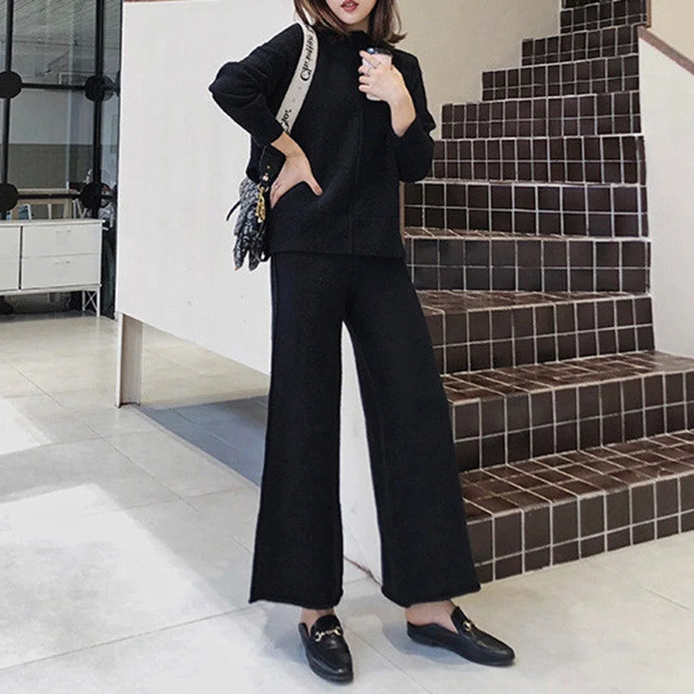 Осенние комплекты из двух предметов однотонные свободные трикотажные топы с