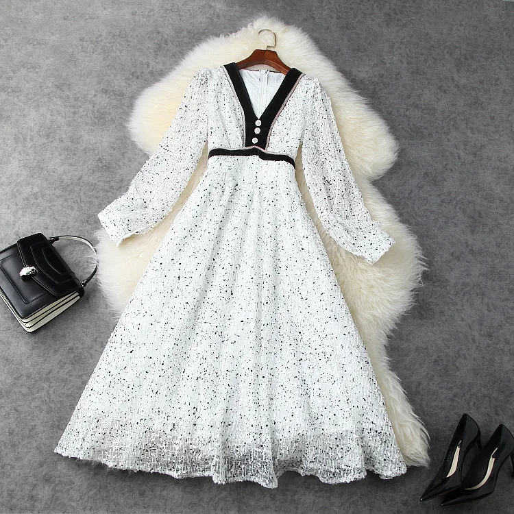 

Женская одежда в европейском и американском стиле, новинка весны 2021, модные сетчатые платья с длинным рукавом и V-образным вырезом, на пугови...