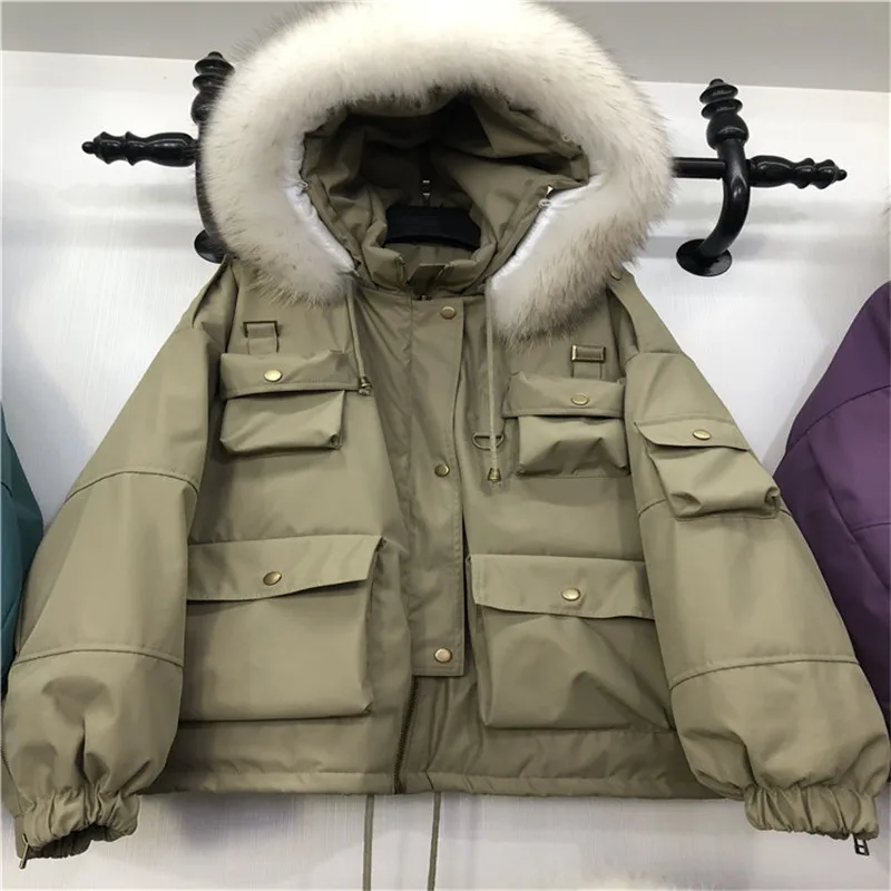 Женская куртка на утином пуху с капюшоном Толстая теплая Свободная большого