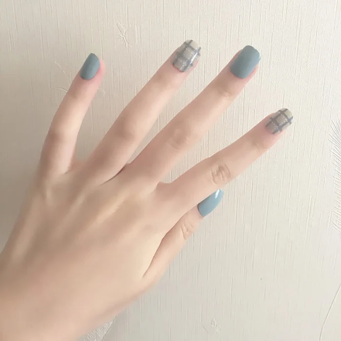24 шт./компл. синего/серого цветов: Стиль DIY Искусство короткие наклейка с имитацией акриловые накладные ногти Ложные наклейки с клеевой гель V9-Drop