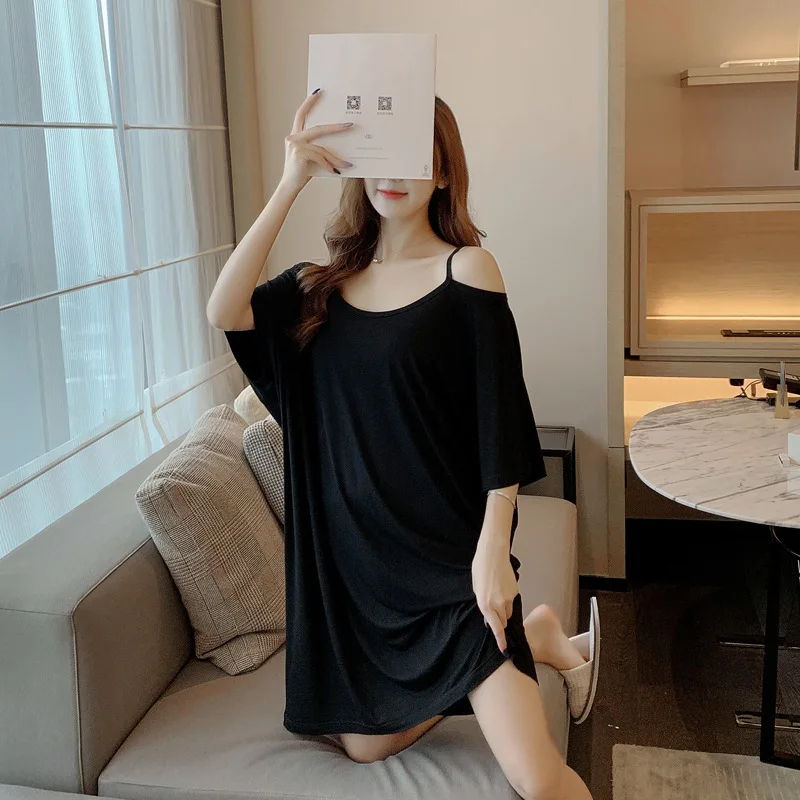 

2021 News Women Comfort Sleepwear Dress Casual Love Print Loose Sleep Dresses Off Shoulder Female Homewear casual Dress Vestidos