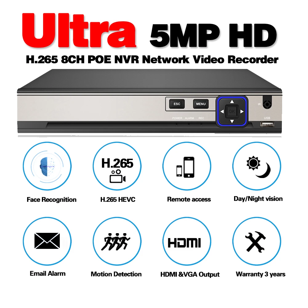 H.265 8CH 5MP NVR RJ45 POE 8 канальный видеорегистратор аудиозаписывающее устройство