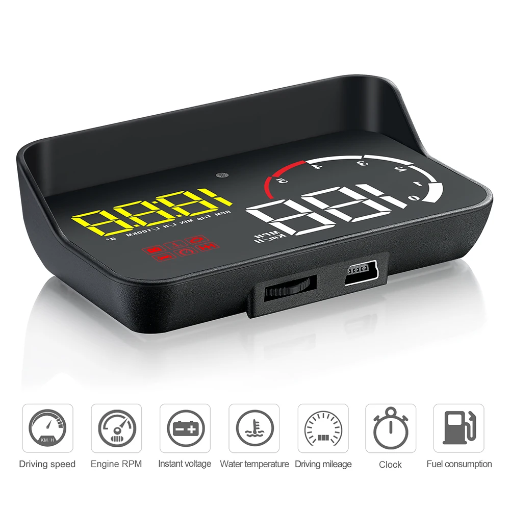 

HUD OBD2 Digital Car Speedometer Windshield Projector Head Up Display Overspeed Security Alarm Water Temp RPM With Lens Hood