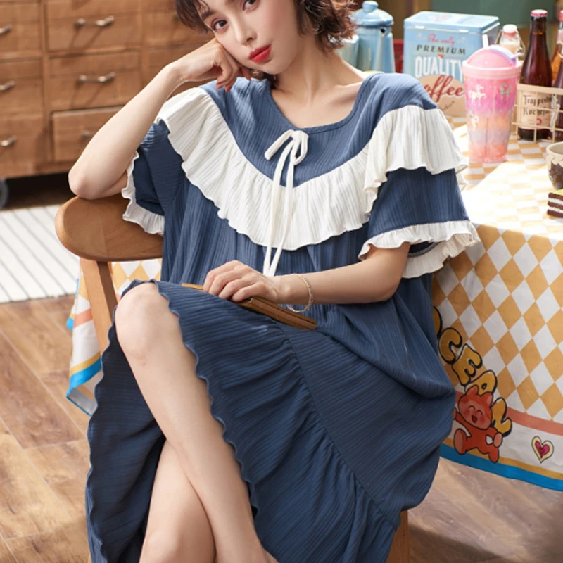 

Harajpee Padded Nightdress Summer Thin Short Sleeve Lace Princess Style Court Pajamas Girl Student Lovely Cotton Home Clothes