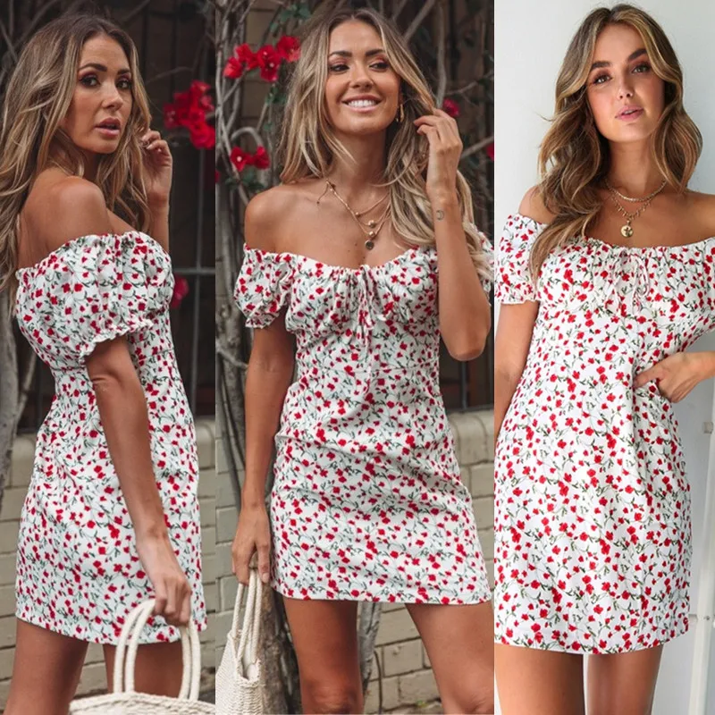 Женское облегающее платье с открытыми плечами и цветочным принтом Boho летние