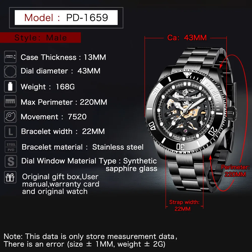 

PAGANI DESIGN Brand Men's Military Sports Watches Automatic Mechanical 100M Waterproof Stainless Steel Luxury Men Watch PD-1659
