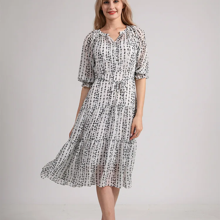 

High waist lace up black and white dress French high end Printed Dress