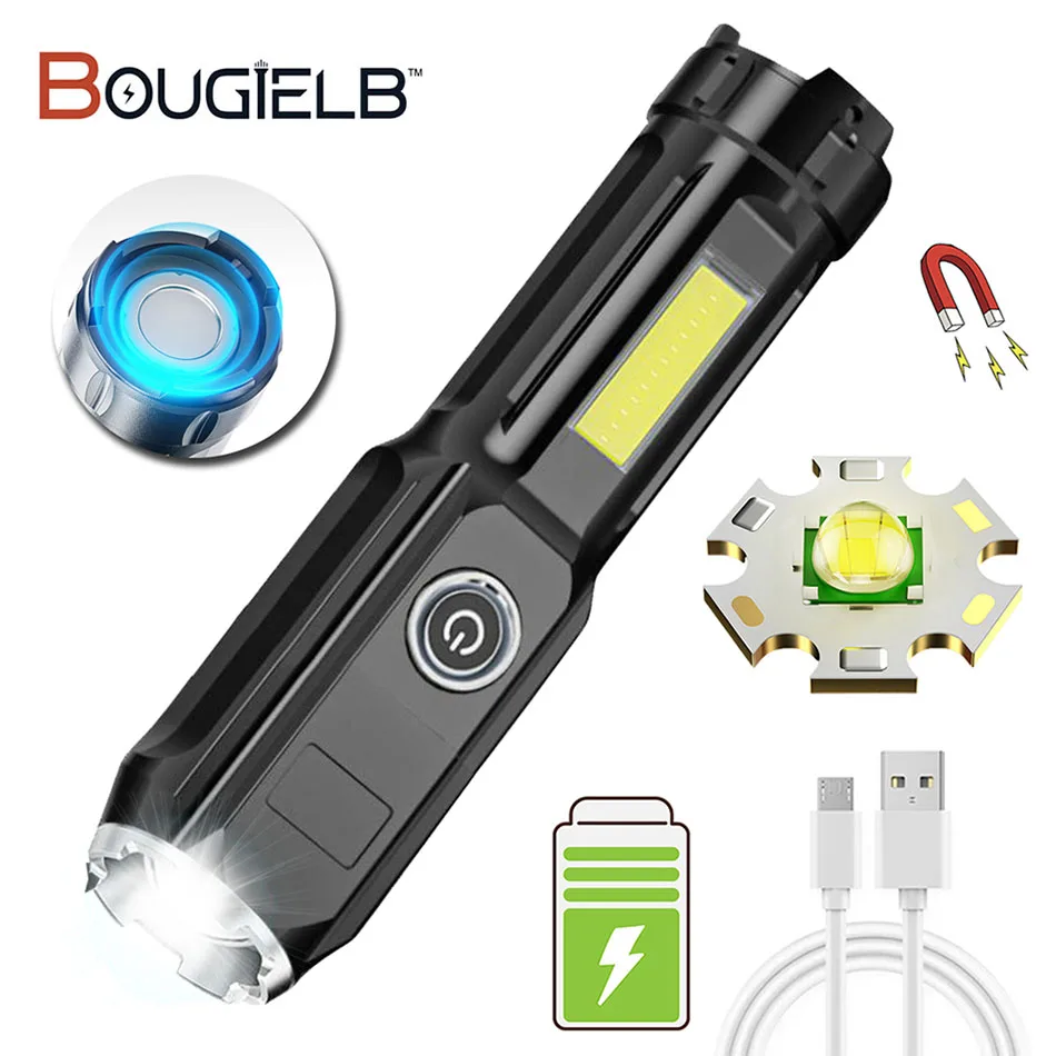 

Светодиодный фонарик с зарядкой через USB, миниатюрный рабочий Магнитный фонарь с COB матрицей, водонепроницаемый фонарь для кемпинга с зумом,...
