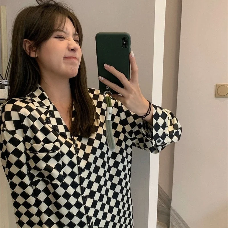 QWEEK Women Pajamas Black and White Grid Pijamas Spring Autumn Home Clothes Lounge Wear Sleepwear Pyjamas 2 Piece Sets Roomware