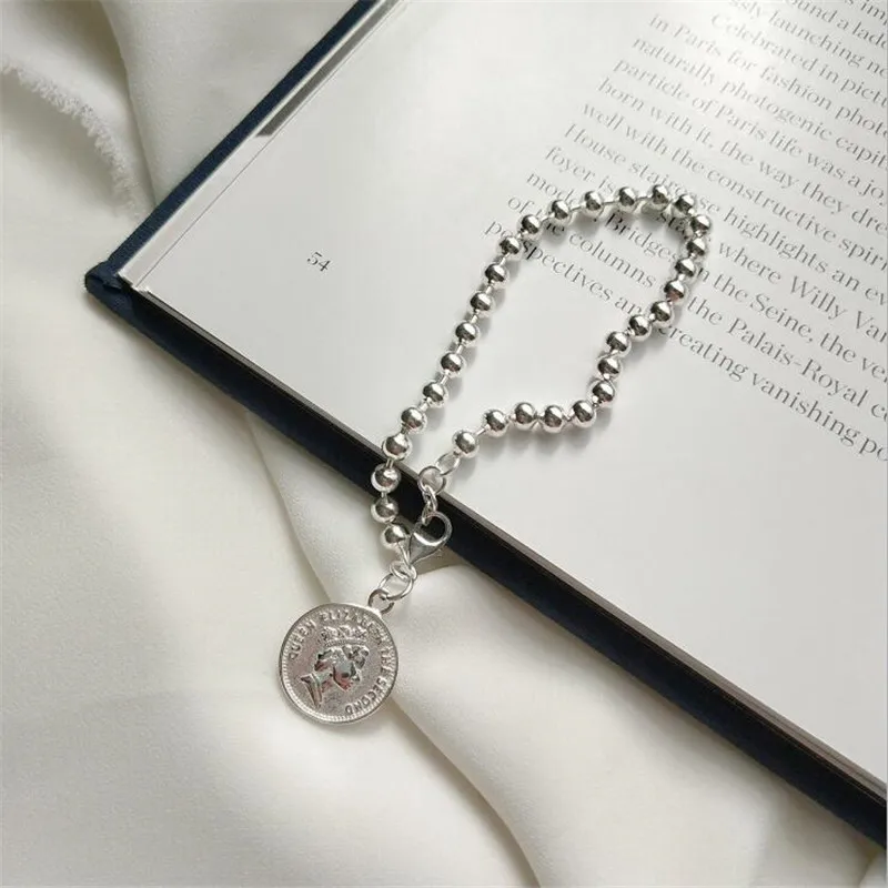 

Real Vintage Silver Color Bracelets Coin Round Beads Adjustable Chain Female Gift for Women Mujer Jewelry Accessory SB075