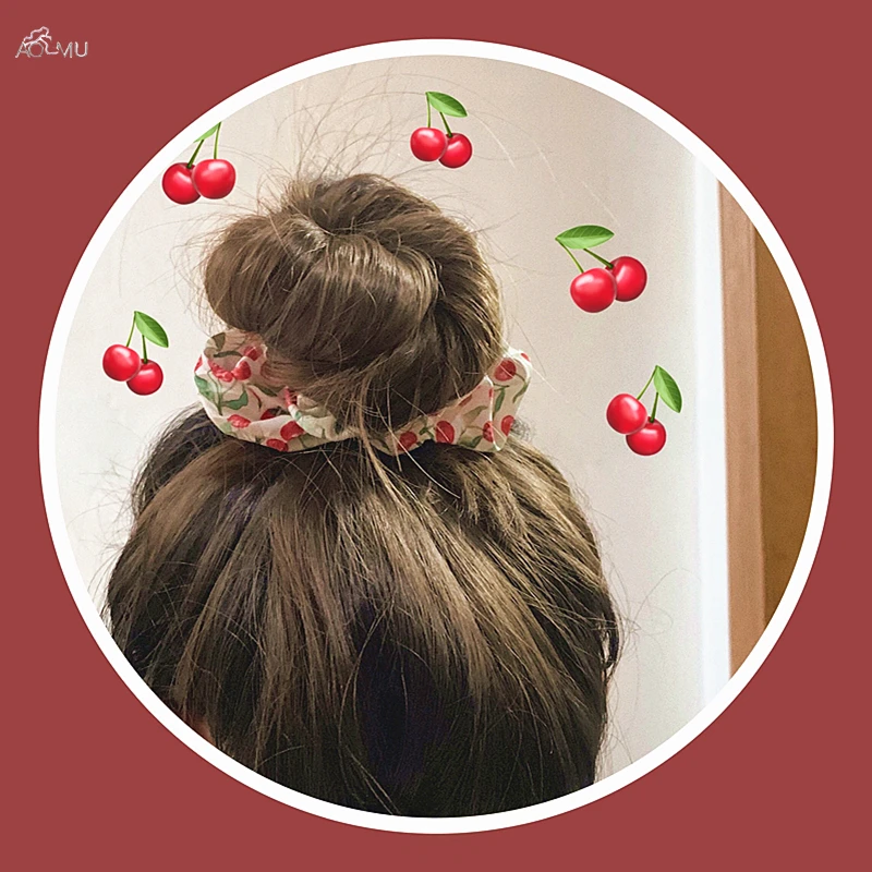 Женская резинка для волос AOMU эластичная с вишенками на осень и зиму аксессуар