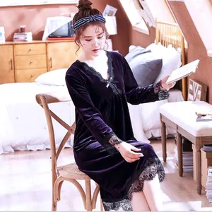 Ночная рубашка Fdfklak, зимняя, Вельветовая, с V-образным вырезом, с длинным рукавом