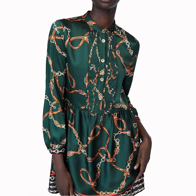 Женское мини платье с принтом цепей Za повседневное зеленое длинным рукавом для