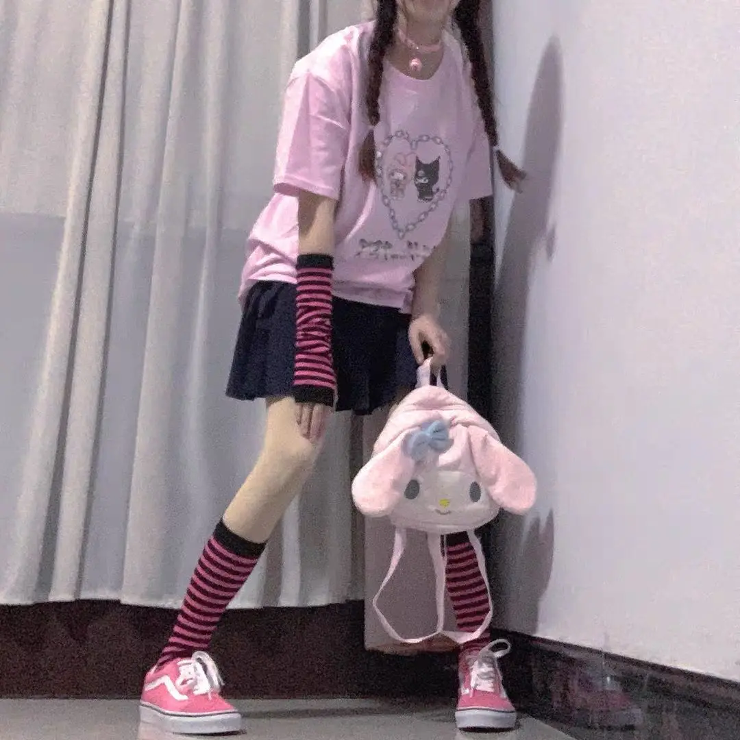 

Harajuku style cartoon cute Rabbit Devil letters print pink T-shirt women Summer tee girl tops Goth Kawaii 2020
