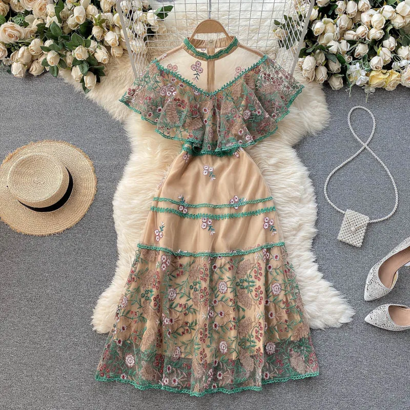

Summer Runway Flower Embroidery Dress Women Stand Cloak Sleeve Floral Embroidered Mesh Patchwork Party Wear Midi Vestidos 9906