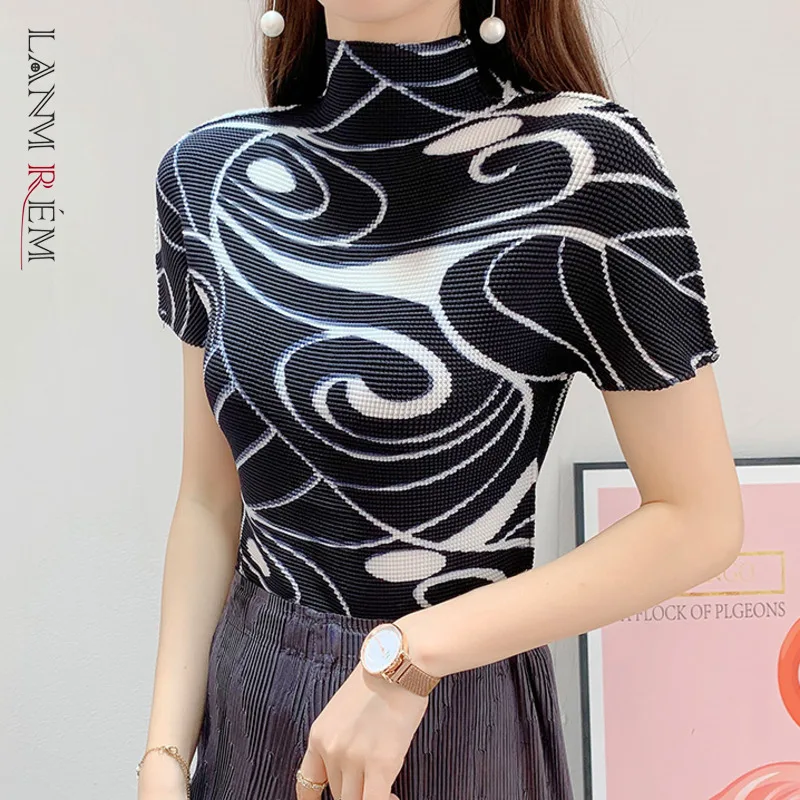 LANMREM Summer 2022 New Pleated T-shirt Women's Turtleneck Short Sleeve Black Slim Printing Top Female Elegant 2D3957 | Женская