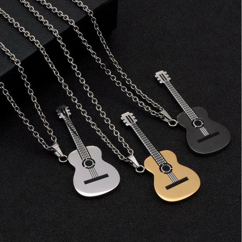 

nztilam Fashion High Quality Alloy Guitar Necklace For Girl Pendants Leather Chain Men Necklaces