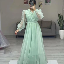Simple Strapless Shadow Green Evening Dresses Puffy Fulle Sleeve Fluffy Tulle Dress 2022 Sashes Pleat  Robe De Soirée Femme (1)