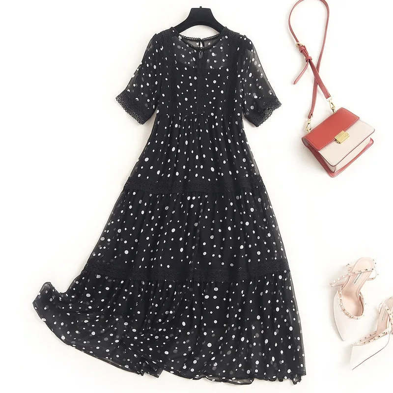 

2020 Summer Women High End Fashionable O Neck Short Sleeve Mulberry Silk Polka Printed Chiffon Stitching Lace White Black Dress