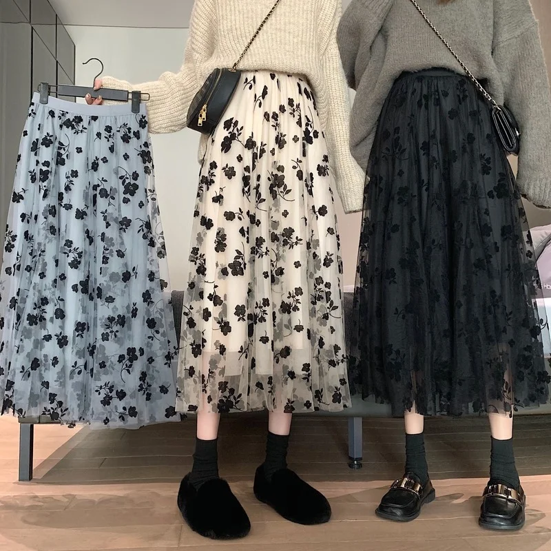 

2021 New Women Fashion Apricot Mesh High Waist Casual Skirt All-match Floral Print A-line Elegant Boho Mid-Calf Maxi Skirts