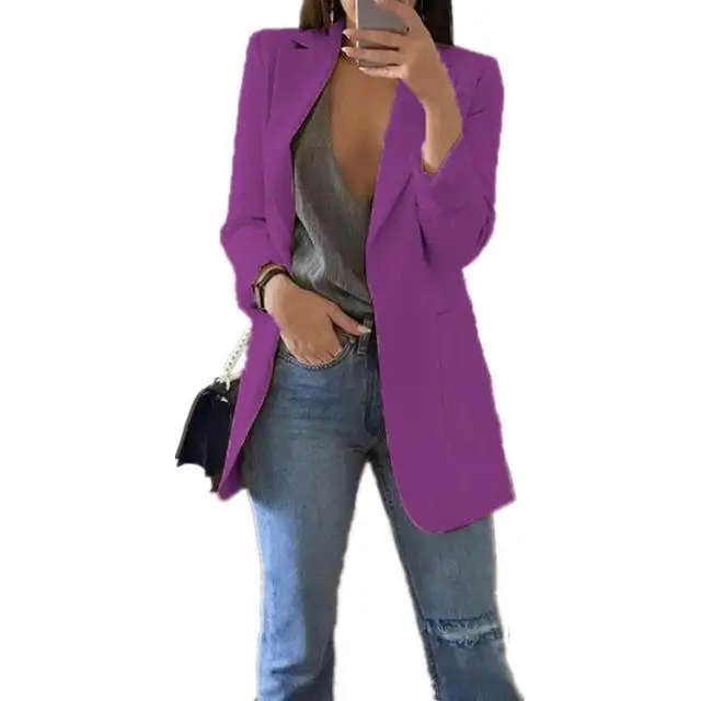 purple Тонкий Женский блейзер Осенняя модная куртка Женский офисный однотонный Карманный деловой блейзер с вырезом Женское пальто плюс размер S-5XL - Цвет: purple