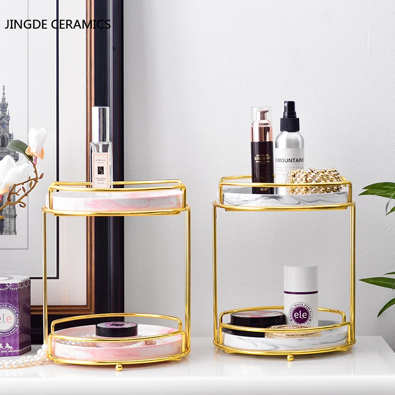 

1 Set Nordic Style Ceramics Storage Rack Double Layer Dressing Table Desktop Cosmetic Rack Living Room Fruit Snacks Racks Plate