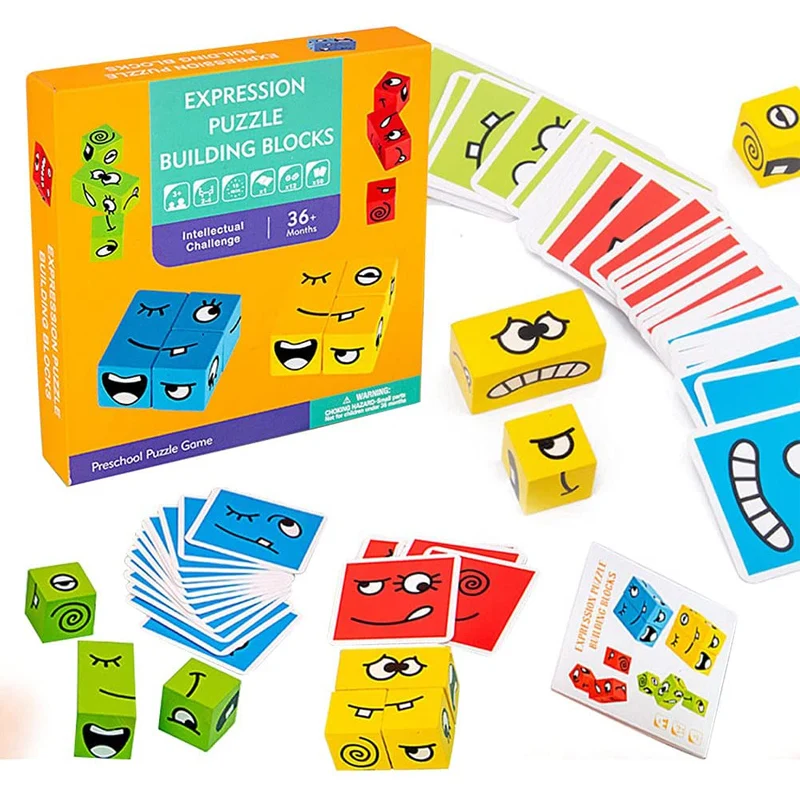 

Деревянный мультяшный пазл для выражения лица, строительные блоки, Обучающие Настольные игры для детей, детские игрушки для мальчиков и дев...