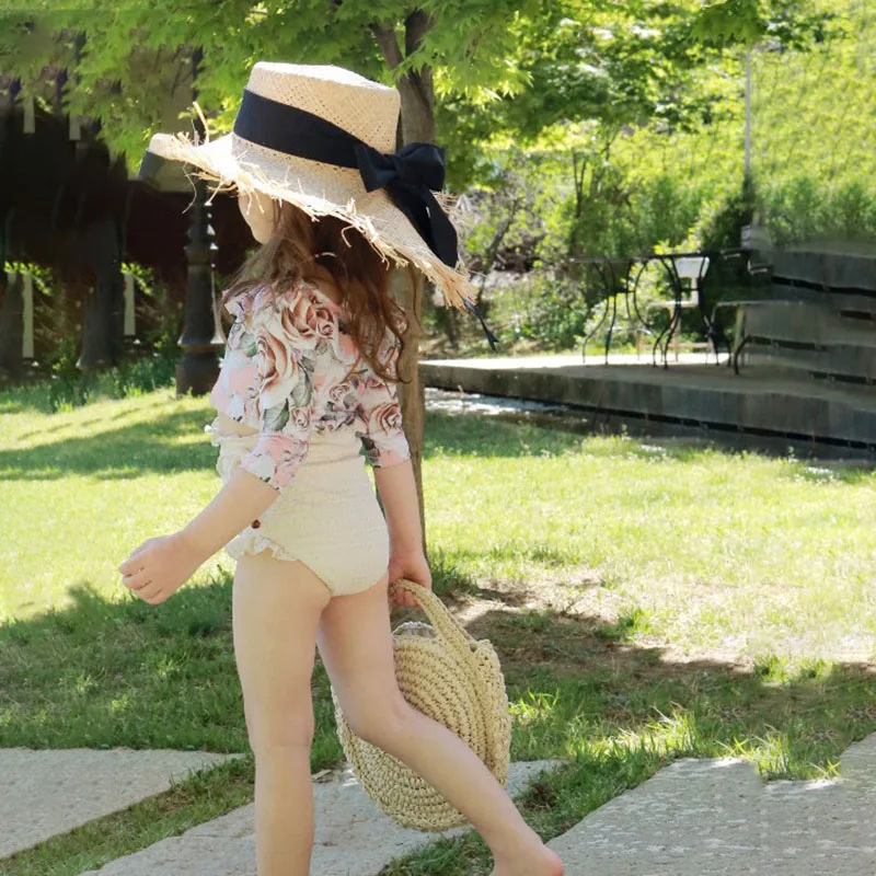 

MILANCEL 2021 Summer Girls Swimwears Lace Collar Floral Tops and Solid Shorts Casual Simple Kids Clothes