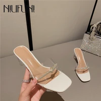 rhinestone transparent crystal heels square toe women slippers sandals pumps open toe simple summer slides casual ladies shoes