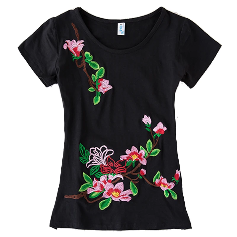 

Hot Vintage T-shirt Top Tee Woman Clothes Embroidery Autumn Spring T Shirt Women Buckle Chinese Style Indie Folk Plus Size 5XL