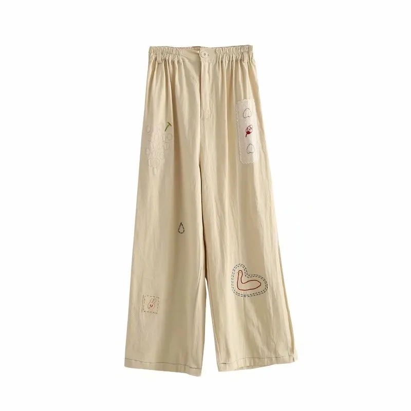 

Women Pants Cartoon Embroidery Cotton Khaki Pants Summer Elastic Waist Pocket Straight Pants Women Clothes 2020 New Trousers
