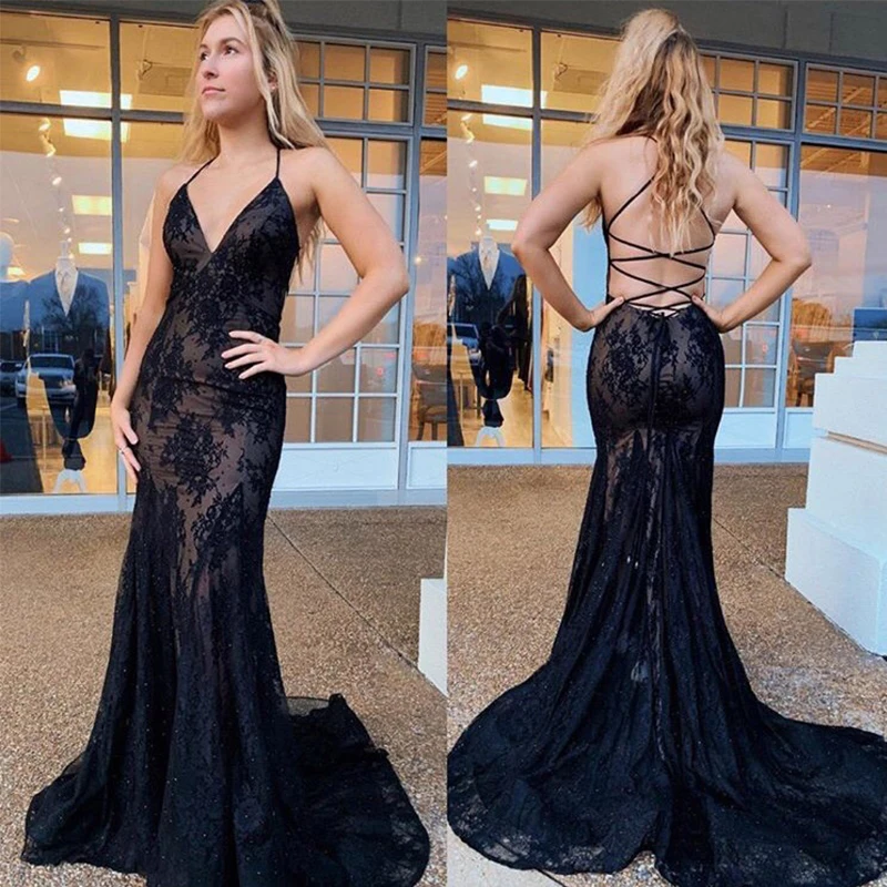 

Sexy Black Lace Mermaid Evening Dresses Backless Spaghetti Straps V-Neck Sleeveless Party Evening Gowns Formal Prom Dresses 2021