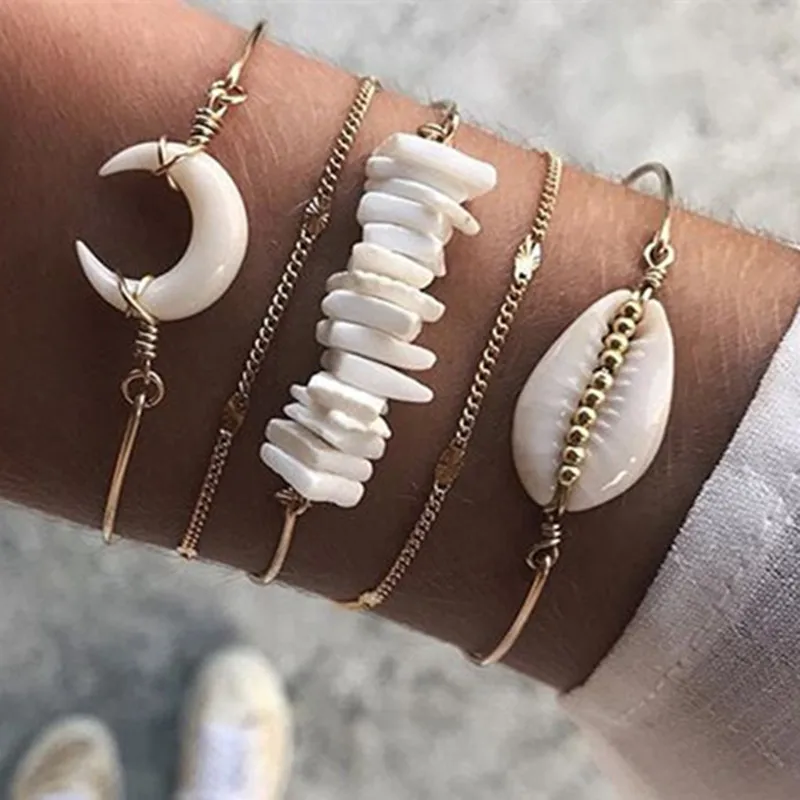 UODCM Винтажный Золотой цвет океан белая Лунная ракушка акриловый браслет манжета
