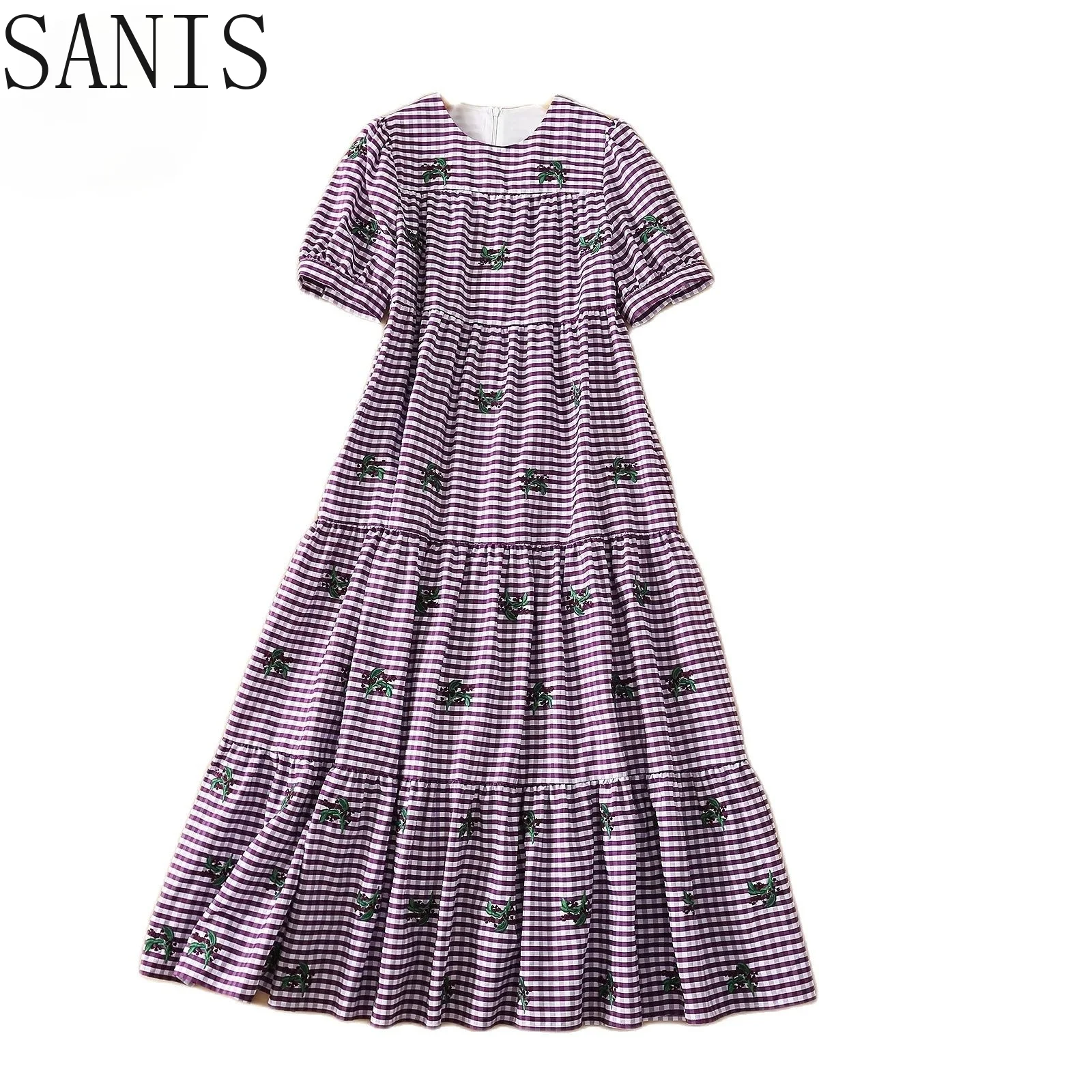 

Sanis New 2021 Summer Runway Purple Embroidered Dress Women Puff Sleeve Bohemia Fashion Plaid Printing Loose Midi Dress
