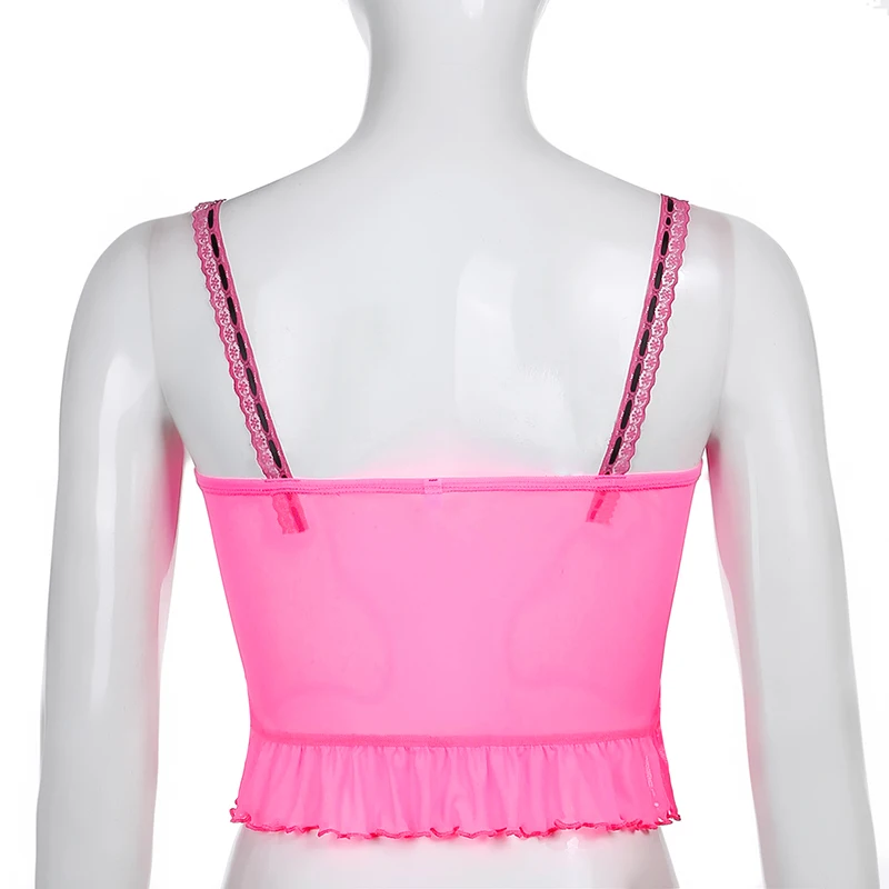 

See Through Sexy Y2K Tops Women Ruffles Lace Trim Pink Cute Kawaii Clothes V Neck Lace Up 90s Aesthetic E Girl Cami Top