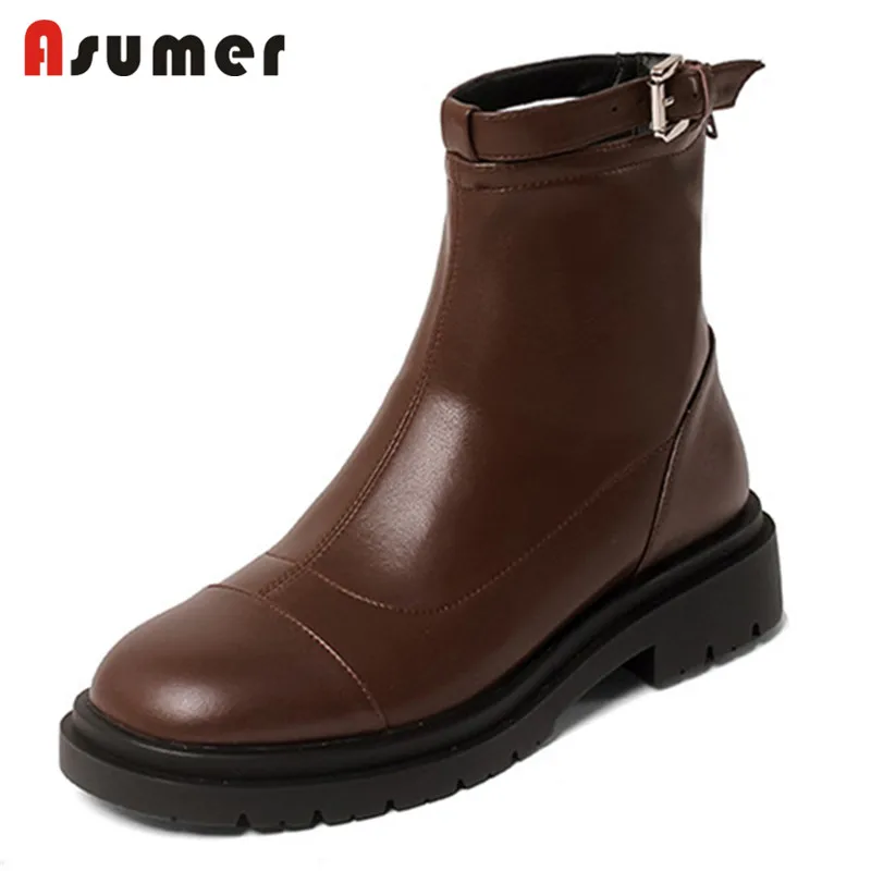 

Asumer 2021 Autumn Winter Ankle Boots Women Genuine Leather +Stretch Pu Flat Platform Shoes Top Quality Casual Shoes Lady