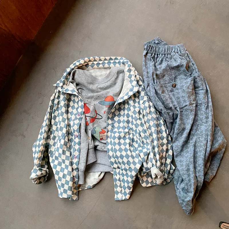 

Детская осенняя одежда WLG, свободные рубашки с длинным рукавом и алмазным принтом, универсальная рубашка для маленьких мальчиков и девочек