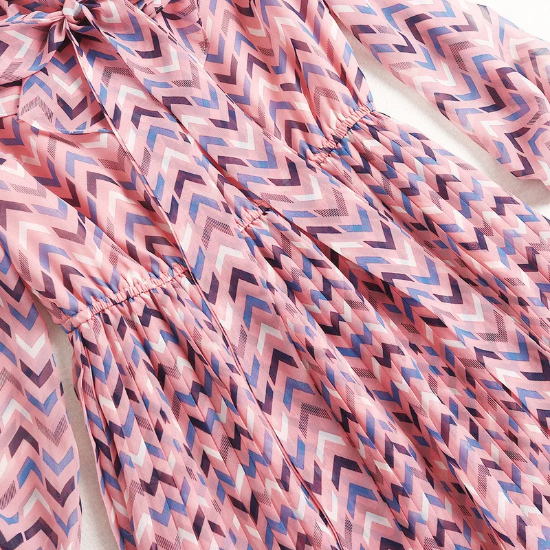 

Elegant Long Sleeve Bow Collar Geometric Print Chiffon Dress Spring 2021 Fashion Woman Clothes Mid Calf Bohemian Vestidos Pink