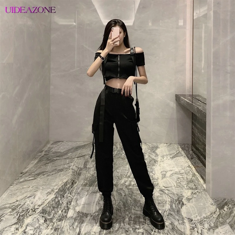 UIDEAZONE модные спортивные штаны для женщин черный пояс уличная одежда лоскутные
