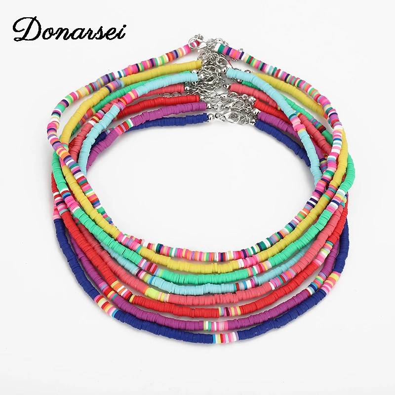 

Donarsei 2021 New Fashion 4mm Clay Choker Necklace For Women Beach Bohemian Handmade Adjustable Colorful Soft Pottery Necklace