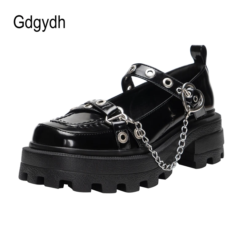 

Gdgydh Great Quality Platform Gothic Lolita Shoes Girls Patent Leather Chunky Heel Rubber Sole Black Comfy Walking Shoes Women