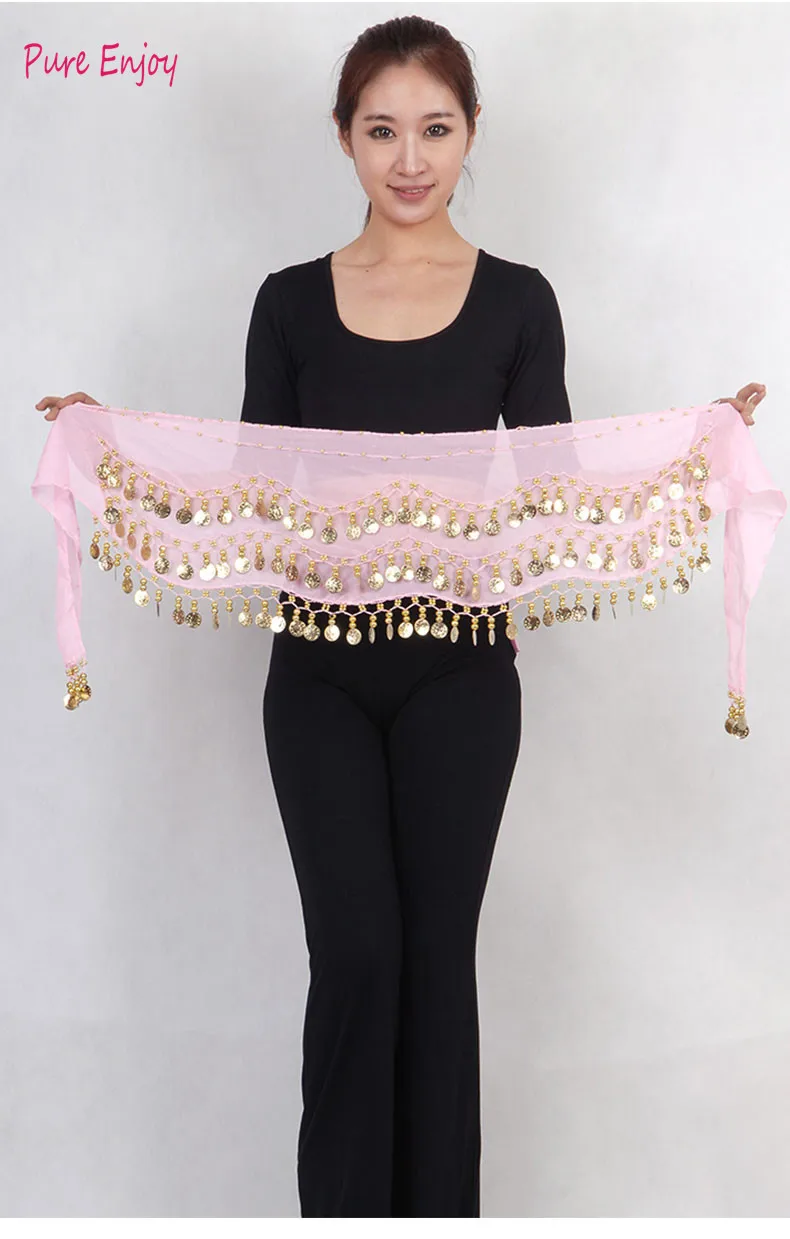 Belly Dance Waist Цепочка хип шарф шифон трехслойная волна золотая монета талия Индия