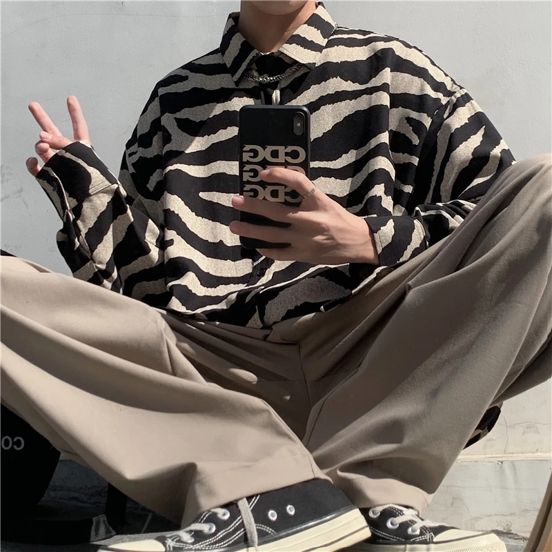 

Men Striped Shirts Cotton Long Sleeve Zebra Print Harajuku High Street Shirt Teens Loose Casual Ins Fashion Handsome Streetwear