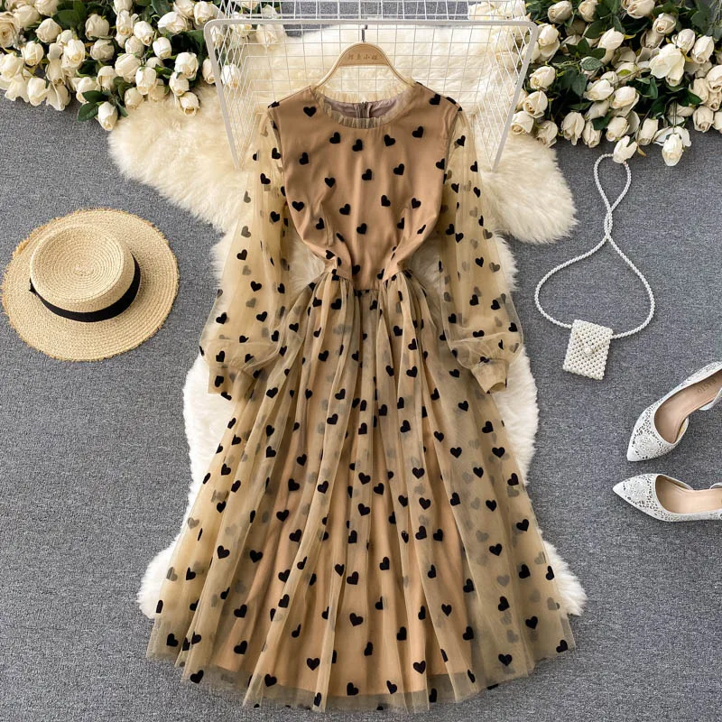 

Женское Сетчатое платье с длинным рукавом, Элегантное Длинное ТРАПЕЦИЕВИДНОЕ ПЛАТЬЕ С О-образным вырезом и французским милым принтом, осен...