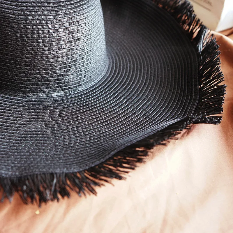 

202106-panshi-maobian summer big brim black paper grass tassel beach lady sun cap women leisure hat