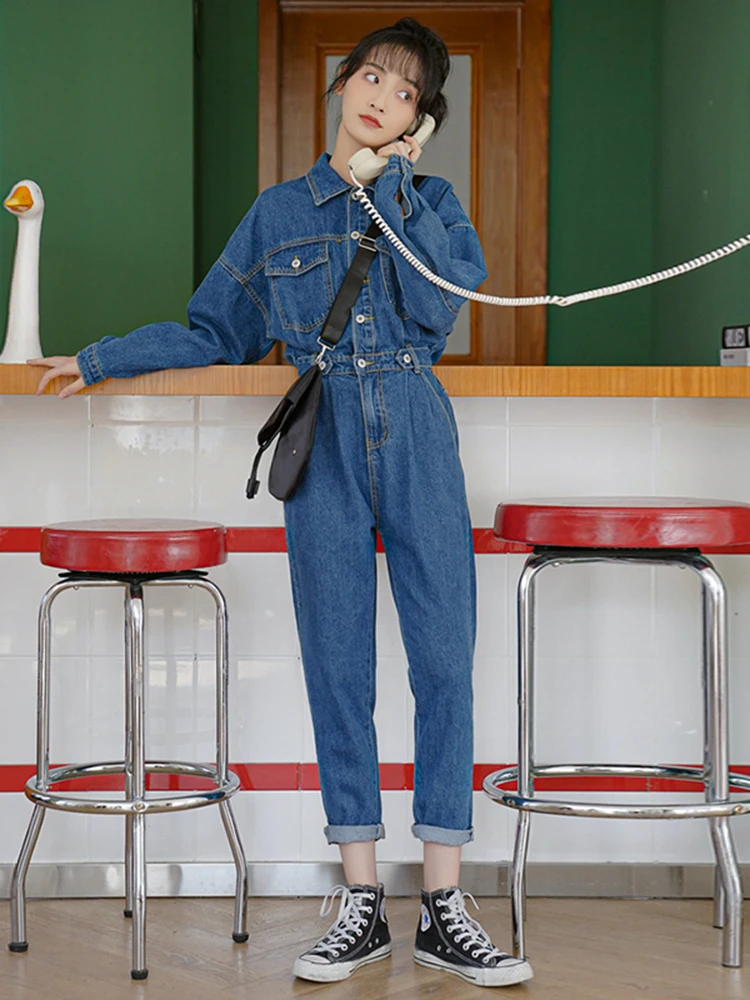 

Spring Autumn New Fashion Tooling Suit Casual Loose Long-Sleeved Denim Jumpsuit Overalls